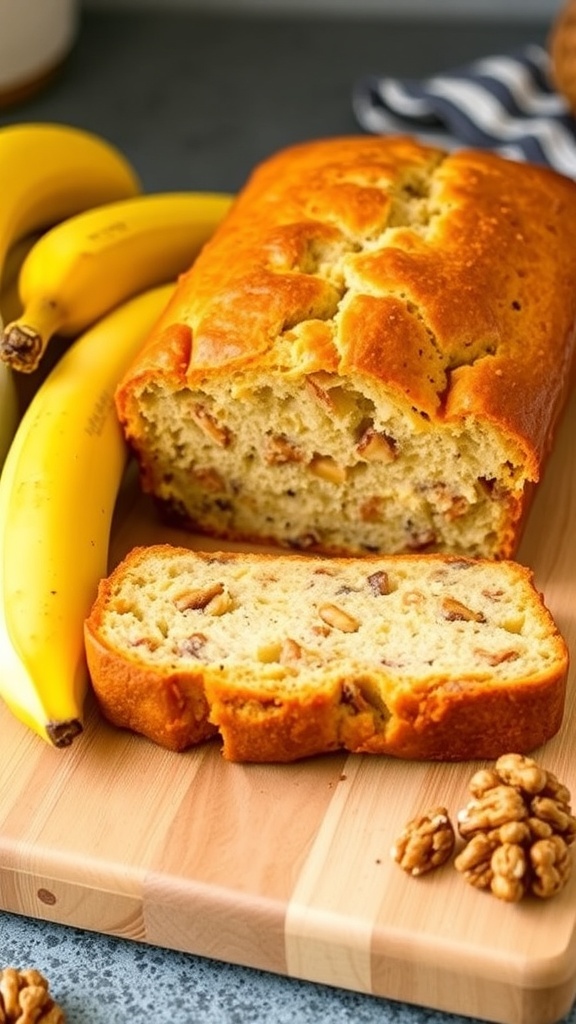 A loaf of banana bread sliced on a cutting board with ripe bananas and walnuts.